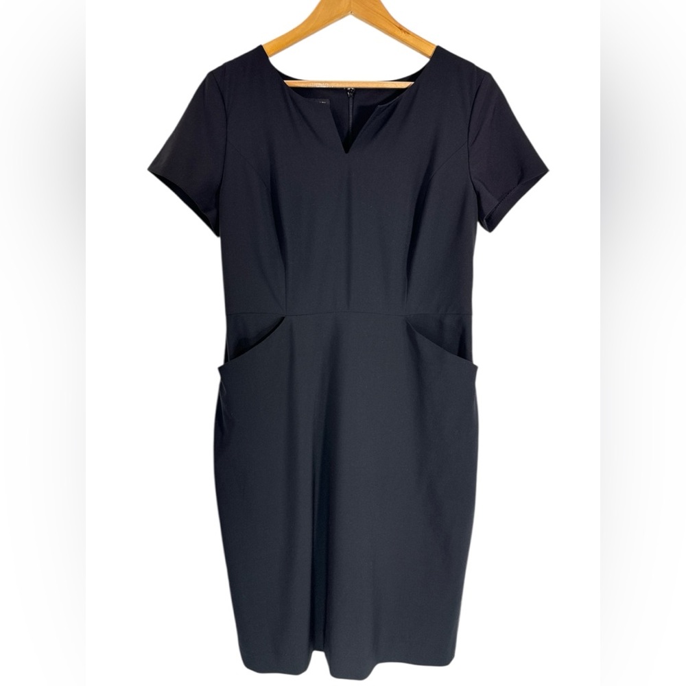 NWT Talbots Black Wool Sheath Dress Size 8 Split Neck Short Sleeve Front Pocket